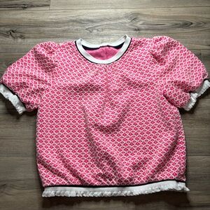 Pink and White Patterned Top with Puff Sleeves